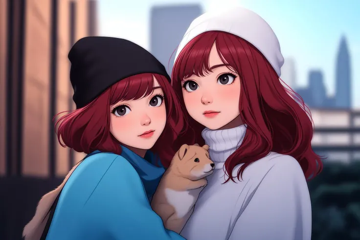masterpiece, best quality, 1girl, upper body, red hair, beanie, turtleneck, blue sweater, city background, holding puppy