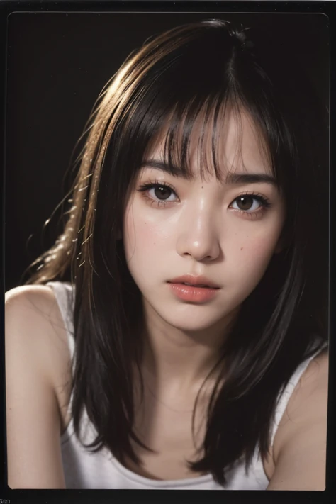 best quality, masterpiece, ultra high res, (photorealistic:1.3), 8K, raw photo, real life skin texture, ((((film grain)))), ((((Polaroid style)))), looking at the viewer, <lora:InstantPhotoX3:0.3>, (masterpiece, best quality, hires, high resolution:1.2), (extremely detailed, intricate details, highres), (headshot:1.2) portrait on a (plain dark grey background:1.2), (headshot:1.2), (face focus:1.1), (soft focus:1.2), low lighting, (out of focus:1.2), bokeh, f1.4, 40mm, photorealistic, raw, 8k, textured skin, skin pores, intricate details, 1girl, black brown hair, perma straight hair style,