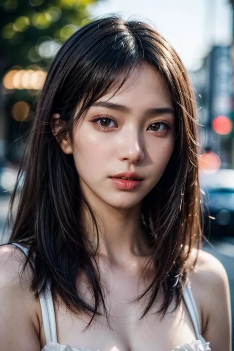 (masterpiece, best quality, hires, high resolution:1.2), (extremely detailed, intricate details, highres), (medium close-up:1.2) portrait on a (Tokyo street sunny background:1.2), (medium shot:1.2), (face focus:1.1), (soft focus:1.2), low lighting, (out of focus:1.2), bokeh, f1.4, 40mm, photorealistic, raw, 8k, ((textured skin:1.1, skin pores:0.3, realistic skin:1.1)), intricate details, 1girl, (ultra sharp image), black hair, perma straight hair style, very beautiful girl, <lora:add_detail:1.2>, <lora:InstantPhotoX3:0.3>