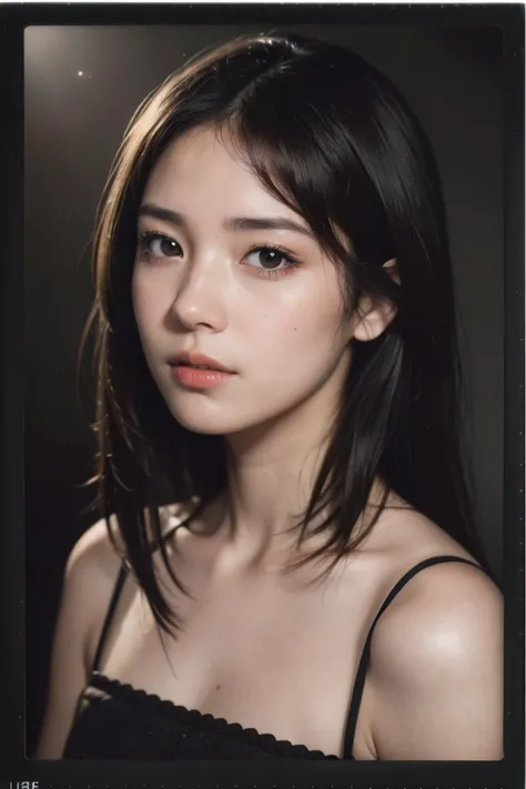 best quality, masterpiece, ultra high res, (photorealistic:1.3), 8K, raw photo, real life skin texture, ((((film grain)))), ((((Polaroid style)))), looking at the viewer, <lora:InstantPhotoX3:0.3>, (masterpiece, best quality, hires, high resolution:1.2), (extremely detailed, intricate details, highres), (headshot:1.2) portrait on a (plain dark grey background:1.2), (headshot:1.2), (face focus:1.1), (soft focus:1.2), low lighting, (out of focus:1.2), bokeh, f1.4, 40mm, photorealistic, raw, 8k, textured skin, skin pores, intricate details, 1girl, black brown hair, perma straight hair style,