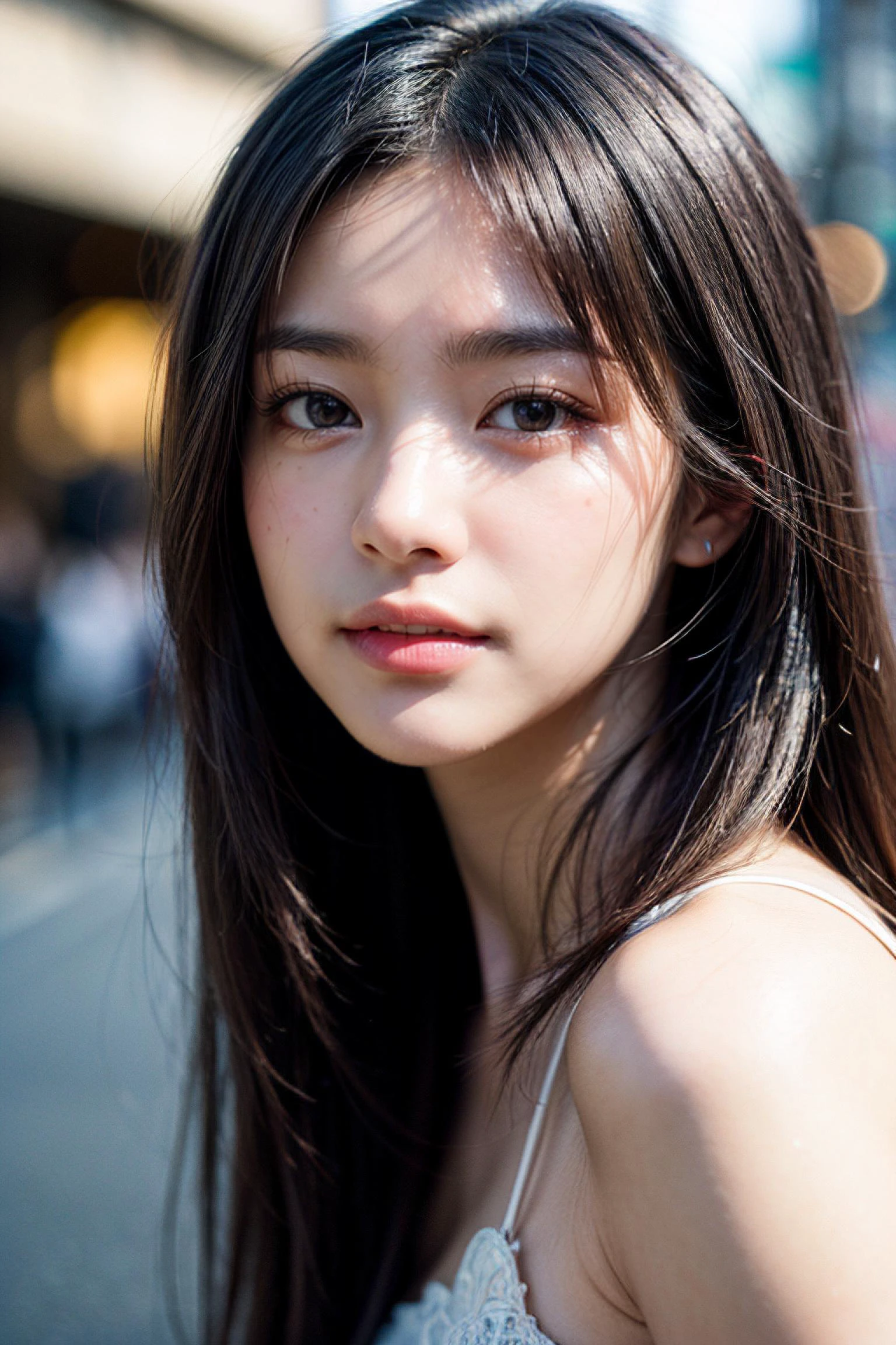 (masterpiece, best quality, hires, high resolution:1.2), (extremely detailed, intricate details, highres), (medium close-up:1.2) portrait on a (Tokyo street sunny background:1.2), (medium shot:1.2), (face focus:1.1), (soft focus:1.2), low lighting, (out of focus:1.2), bokeh, f1.4, 40mm, photorealistic, raw, 8k, ((textured skin:1.1, skin pores:0.3, realistic skin:1.1)), intricate details, 1girl, (ultra sharp image), black hair, perma straight hair style, very beautiful girl, <lora:add_detail:1.2>, , <lora:FilmVelvia3:0.3>