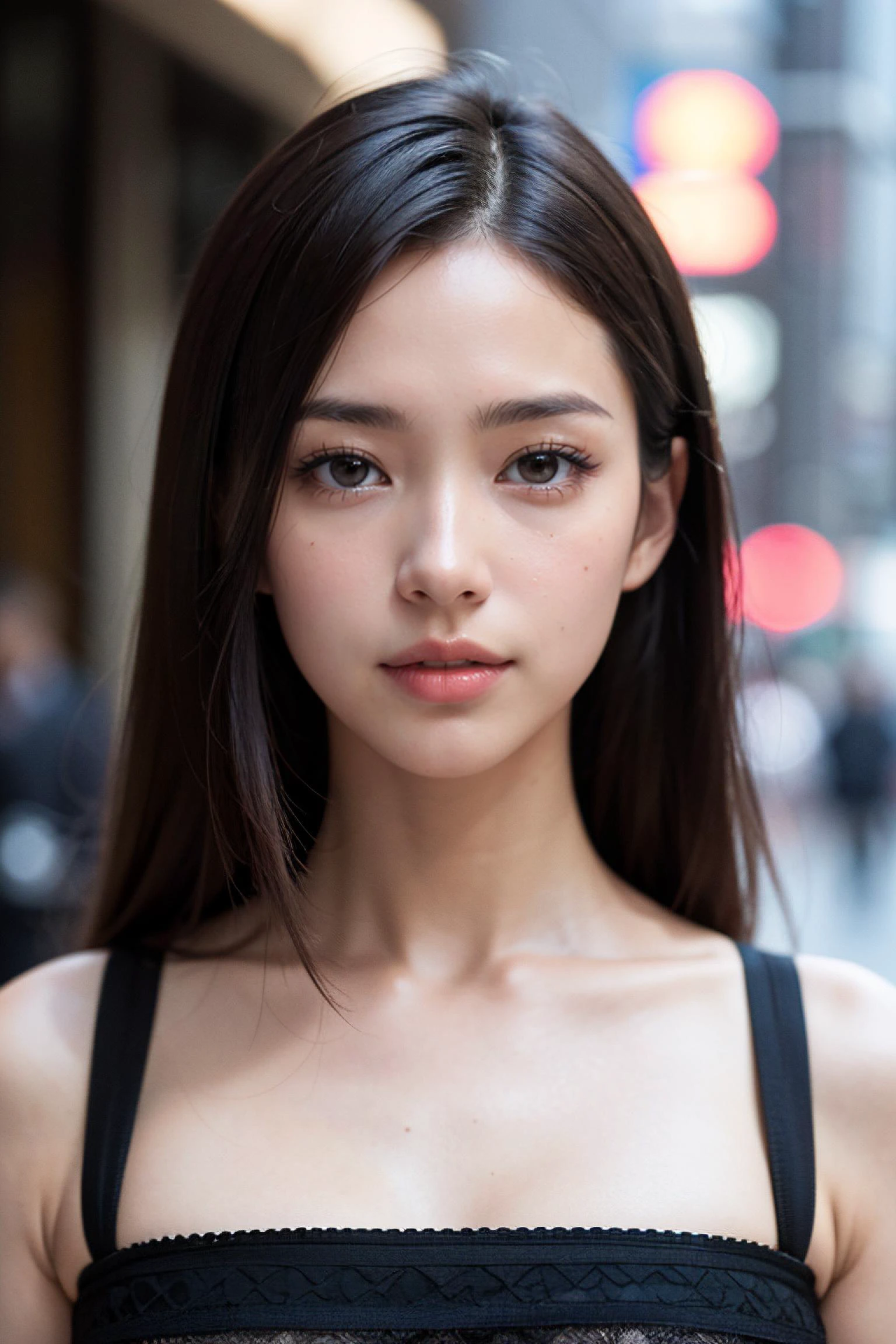 (masterpiece, best quality, hires, high resolution:1.2), (extremely detailed, intricate details, highres), (medium close-up:1.2) portrait on a (Tokyo street sunny background:1.2), (medium shot:1.2), (face focus:1.1), (soft focus:1.2), low lighting, (out of focus:1.2), bokeh, f1.4, 40mm, photorealistic, raw, 8k, ((textured skin:1.1, skin pores:0.3, realistic skin:1.1)), intricate details, 1girl, (ultra sharp image), black hair, perma straight hair style, very beautiful girl, <lora:add_detail:1.2>, <lora:FilmVelvia3:0.3>
