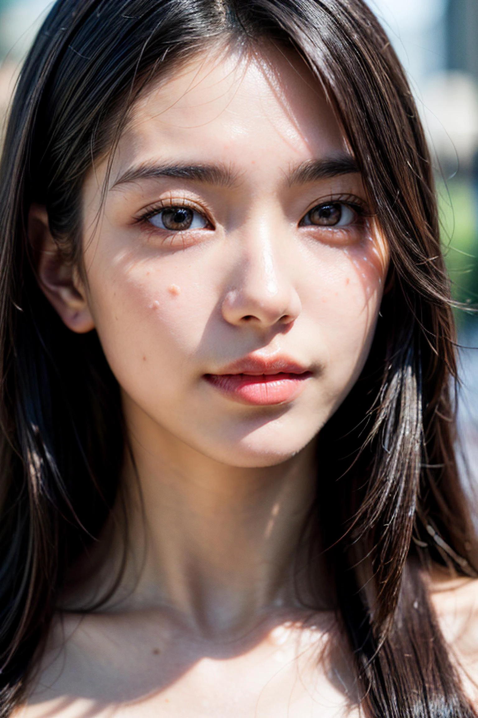 (masterpiece, best quality, hires, high resolution:1.2), (extremely detailed, intricate details, highres), (medium close-up:1.2) portrait on a (Tokyo street sunny background:1.2), (medium shot:1.2), (face focus:1.1), (soft focus:1.2), low lighting, (out of focus:1.2), bokeh, f1.4, 40mm, photorealistic, raw, 8k, ((textured skin:1.1, skin pores:0.3, realistic skin:1.1)), intricate details, 1girl, (ultra sharp image), black hair, perma straight hair style, very beautiful girl, <lora:add_detail:1.2>, <lora:FilmVelvia3:0.3>