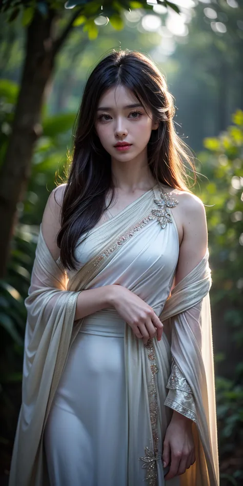 epic realistic, (dark shot:1.4), 80mm, Create a portrait of a woman with long, dark hair. She has a mysterious expression, gazing at the viewer with a slight tilt of her head. She is simply dressed, with an arm wrapped around a tree branch that also resembles a brain cell. The background features a forest of blue, impressionistic leaves, with an eerie white light shining through and a gradient shadow on the top part of the woman's face. Use a backlighting effect to add depth to the image. impressionistic painting style, john singer sarget, anders zorn, blue pallette, wider show with more background and forest, (natural skin texture, hyperrealism, soft light, sharp:1.2), soft light, sharp, exposure blend, medium shot, bokeh, (hdr:1.4), high contrast, (cinematic, teal and orange:0.85), (muted colors, dim colors, soothing tones:1.3), low saturation, (hyperdetailed:1.2), (noir:0.4), (intricate details:1.12), hdr, (intricate details, hyperdetailed:1.15), faded, (neutral colors:1.2), art, (hdr:1.5), (muted colors:1.1), (pastel:0.2), hyperdetailed, (artstation:1.4), warm lights, dramatic light, (intricate details:1.2), vignette, complex background, <lora:add_detail:0.8>, <lora:mix4:0.08>