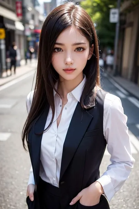 Hires, sunlight, backlight, ((Cinematic Light, Ray tracing)), (masterpiece),((ultra-detailed)), (highly detailed CG illustration), (best quality:1.2),(1girl:1.2),High quality texture, intricate details, detailed texture, High quality shadow, a realistic representation of the face, Detailed beautiful delicate face, Detailed beautiful delicate eyes, brown eye pupil, a face of perfect proportion, Depth of field, perspective,20s, glossy lips, perfect body, medium breast, distinct_image, solo focus, (brown hair), (((perma straight hair style))), (finely detailed beautiful eyes and detailed face), light source contrast, ((medium hair)), 21 years old, Tokyo street background, suit style, tailored suits, dress shirts, ties, pocket squares, dress shoes, cufflinks, formal attire, medium breasts,black_pantyhose, tutututu, <lora:tutuJG_00008:0.85>