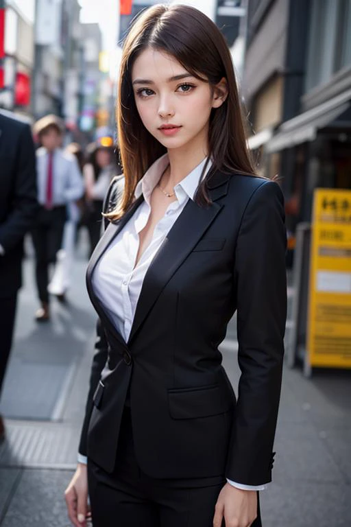 Hires, sunlight, backlight, ((Cinematic Light, Ray tracing)), (masterpiece),((ultra-detailed)), (highly detailed CG illustration), (best quality:1.2),(1girl:1.2),High quality texture, intricate details, detailed texture, High quality shadow, a realistic representation of the face, Detailed beautiful delicate face, Detailed beautiful delicate eyes, brown eye pupil, a face of perfect proportion, Depth of field, perspective,20s, glossy lips, perfect body, medium breast, distinct_image, solo focus, (brown hair), (((perma straight hair style))), (finely detailed beautiful eyes and detailed face), light source contrast, ((medium hair)), 21 years old, Tokyo street background, suit style, tailored suits, dress shirts, ties, pocket squares, dress shoes, cufflinks, formal attire, medium breasts,black_pantyhose, tutututu, <lora:tutuJG_00008:0.85>