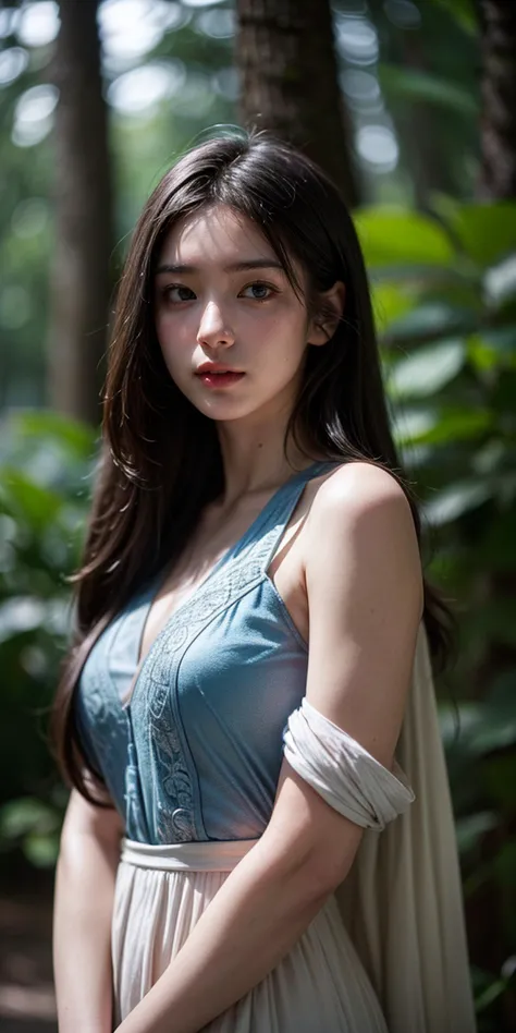 epic realistic, (dark shot:1.4), 80mm, Create a portrait of a woman with long, dark hair. She has a mysterious expression, gazing at the viewer with a slight tilt of her head. She is simply dressed, with an arm wrapped around a tree branch that also resembles a brain cell. The background features a forest of blue, impressionistic leaves, with an eerie white light shining through and a gradient shadow on the top part of the woman's face. Use a backlighting effect to add depth to the image. impressionistic painting style, john singer sarget, anders zorn, blue pallette, wider show with more background and forest, (natural skin texture, hyperrealism, soft light, sharp:1.2), soft light, sharp, exposure blend, medium shot, bokeh, (hdr:1.4), high contrast, (cinematic, teal and orange:0.85), (muted colors, dim colors, soothing tones:1.3), low saturation, (hyperdetailed:1.2), (noir:0.4), (intricate details:1.12), hdr, (intricate details, hyperdetailed:1.15), faded, (neutral colors:1.2), art, (hdr:1.5), (muted colors:1.1), (pastel:0.2), hyperdetailed, (artstation:1.4), warm lights, dramatic light, (intricate details:1.2), vignette, complex background, <lora:add_detail:0.8>, <lora:mix4:0.08>