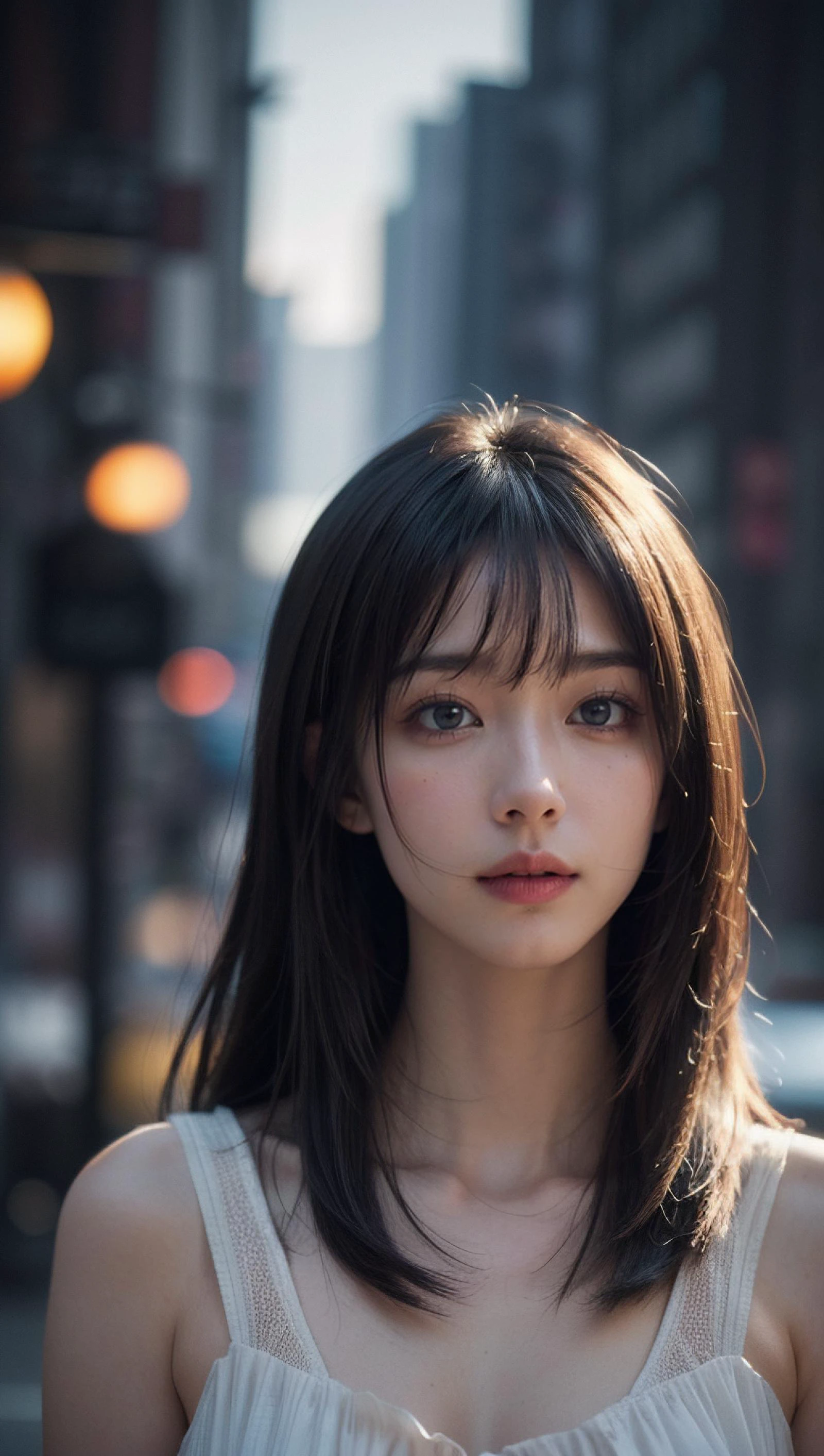 2 girls, epic realistic, (dark shot:1.4), 80mm, Create a portrait of a woman with medium straight dark hair. She has an fashionable expression, gazing at the viewer with a slight tilt of her head. She wears summer sexy dress, The background features Tokyo busy street in the morning, Use a backlighting effect to add depth to the image. impressionistic painting style, john singer sarget, anders zorn, blue pallette, wider show with more background, (natural skin texture, hyperrealism, soft light, sharp:1.2), soft light, sharp, exposure blend, medium shot, bokeh, (hdr:1.4), high contrast, (cinematic, teal and orange:0.85), (muted colors, dim colors, soothing tones:1.3), low saturation, (hyperdetailed:1.2), (noir:0.4), (intricate details:1.12), hdr, (intricate details, hyperdetailed:1.15), faded, (neutral colors:1.2), art, (hdr:1.5), (muted colors:1.1), (pastel:0.2), hyperdetailed, (artstation:1.4), warm lights, dramatic light, (intricate details:1.2), vignette, complex background, <lora:add_detail:0.8>, <lora:mix4:0.08>, <lora:pailide3:0.58>, happy,