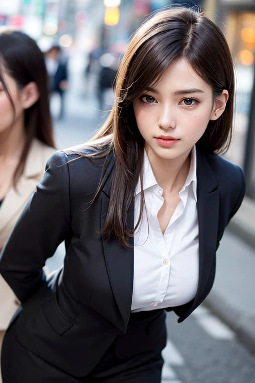 Hires, sunlight, backlight, ((Cinematic Light, Ray tracing)), (masterpiece),((ultra-detailed)), (highly detailed CG illustration), (best quality:1.2),(1girl:1.2),High quality texture, intricate details, detailed texture, High quality shadow, a realistic representation of the face, Detailed beautiful delicate face, Detailed beautiful delicate eyes, brown eye pupil, a face of perfect proportion, Depth of field, perspective,20s, glossy lips, perfect body, medium breast, distinct_image, solo focus, (brown hair), (((perma straight hair style))), (finely detailed beautiful eyes and detailed face), light source contrast, ((medium hair)), 21 years old, Tokyo street background, suit style, tailored suits, dress shirts, ties, pocket squares, dress shoes, cufflinks, formal attire, medium breasts,black_pantyhose, tutututu, <lora:tutuJG_00008:0.85>