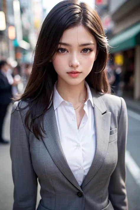 Hires, sunlight, backlight, ((Cinematic Light, Ray tracing)), (masterpiece),((ultra-detailed)), (highly detailed CG illustration), (best quality:1.2),(1girl:1.2),High quality texture, intricate details, detailed texture, High quality shadow, a realistic representation of the face, Detailed beautiful delicate face, Detailed beautiful delicate eyes, brown eye pupil, a face of perfect proportion, Depth of field, perspective,20s, glossy lips, perfect body, medium breast, distinct_image, solo focus, (brown hair), (((perma straight hair style))), (finely detailed beautiful eyes and detailed face), light source contrast, ((medium hair)), 21 years old, Tokyo street background, suit style, tailored suits, dress shirts, ties, pocket squares, dress shoes, cufflinks, formal attire, medium breasts,black_pantyhose, tutututu, <lora:tutuJG_00008:0.85>