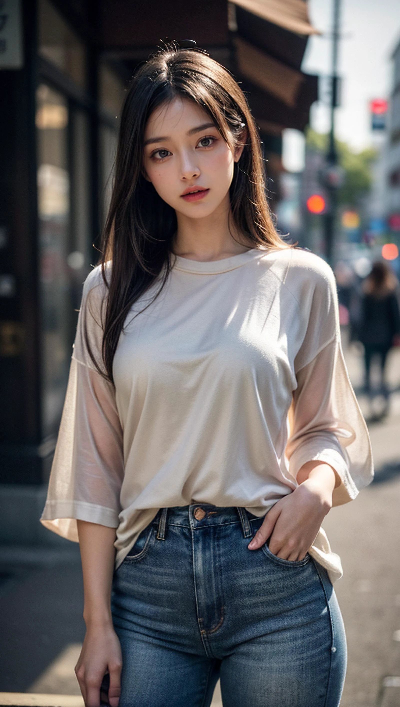 2 girls, epic realistic, (dark shot:1.4), 80mm, Create a portrait of a woman with medium straight dark hair. She has an fashionable expression, gazing at the viewer with a slight tilt of her head. She dresses polo shirt and jeans, The background features Tokyo busy street in the morning, Use a backlighting effect to add depth to the image. impressionistic painting style, john singer sarget, anders zorn, blue pallette, wider show with more background, (natural skin texture, hyperrealism, soft light, sharp:1.2), soft light, sharp, exposure blend, medium shot, bokeh, (hdr:1.4), high contrast, (cinematic, teal and orange:0.85), (muted colors, dim colors, soothing tones:1.3), low saturation, (hyperdetailed:1.2), (noir:0.4), (intricate details:1.12), hdr, (intricate details, hyperdetailed:1.15), faded, (neutral colors:1.2), art, (hdr:1.5), (muted colors:1.1), (pastel:0.2), hyperdetailed, (artstation:1.4), warm lights, dramatic light, (intricate details:1.2), vignette, complex background, <lora:add_detail:0.8>, <lora:mix4:0.08>, <lora:pailide3:0.58>