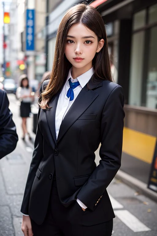 Hires, sunlight, backlight, ((Cinematic Light, Ray tracing)), (masterpiece),((ultra-detailed)), (highly detailed CG illustration), (best quality:1.2),(1girl:1.2),High quality texture, intricate details, detailed texture, High quality shadow, a realistic representation of the face, Detailed beautiful delicate face, Detailed beautiful delicate eyes, brown eye pupil, a face of perfect proportion, Depth of field, perspective,20s, glossy lips, perfect body, medium breast, distinct_image, solo focus, (brown hair), (((perma straight hair style))), (finely detailed beautiful eyes and detailed face), light source contrast, ((medium hair)), 21 years old, Tokyo street background, suit style, tailored suits, dress shirts, ties, pocket squares, dress shoes, cufflinks, formal attire, medium breasts,black_pantyhose, tutututu, <lora:tutuJG_00008:0.85>