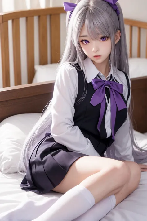 masterpiece, best quality, ultra-high-detailed, silver hair, long hair, purple eyes, school uniform, black bow, white kneehighs, lying on back, bed