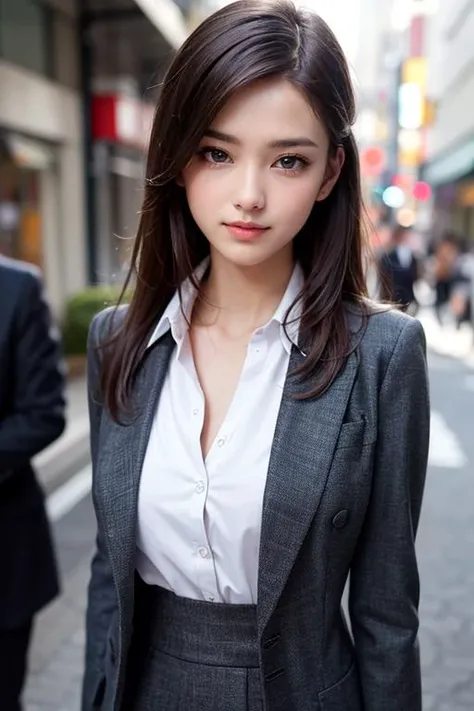 Hires, sunlight, backlight, ((Cinematic Light, Ray tracing)), (masterpiece),((ultra-detailed)), (highly detailed CG illustration), (best quality:1.2),(1girl:1.2),High quality texture, intricate details, detailed texture, High quality shadow, a realistic representation of the face, Detailed beautiful delicate face, Detailed beautiful delicate eyes, brown eye pupil, a face of perfect proportion, Depth of field, perspective,20s, glossy lips, perfect body, medium breast, distinct_image, solo focus, (brown hair), (((perma straight hair style))), (finely detailed beautiful eyes and detailed face), light source contrast, ((medium hair)), 21 years old, Tokyo street background, suit style, tailored suits, dress shirts, ties, pocket squares, dress shoes, cufflinks, formal attire, medium breasts,black_pantyhose, tutututu, <lora:tutuJG_00008:0.85>