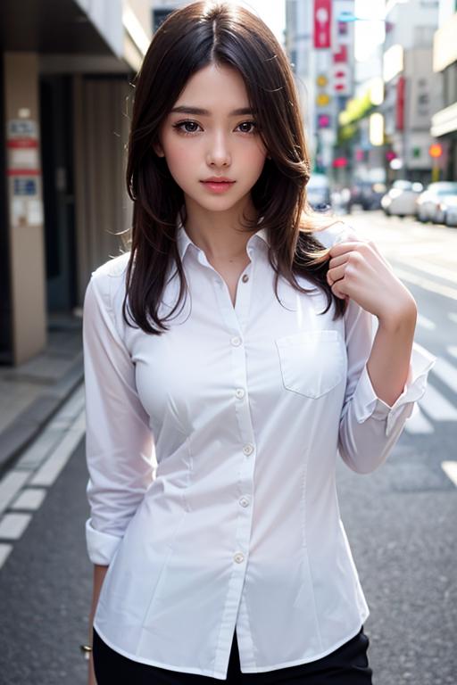 A close up of a woman in a white shirt and black pants - SeaArt AI