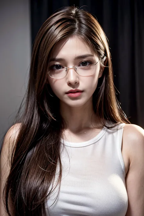 Hires, sunlight, backlight, ((Cinematic Light, Ray tracing)), (masterpiece),((ultra-detailed)), (highly detailed CG illustration), (best quality:1.3),(1girl:1.2),High quality texture, intricate details, detailed texture, High quality shadow, a realistic representation of the face, Detailed beautiful delicate face, Detailed beautiful delicate eyes, brown eye pupil, a face of perfect proportion, Depth of field, perspective,20s, glossy lips, perfect body, medium breast, distinct_image, solo focus, (brown hair), (((perma straight hair style))), (finely detailed beautiful eyes and detailed face), light source contrast, ((medium hair)), 21 years old, at night, entrepreneurship, professional networks, financial success, business strategy, economic growth, corporate environments, standing, Scandinavian style, minimalistic clothing, neutral colors, clean lines, functional design, cozy textures, simple accessories, ultra sharp image, wear glasses,