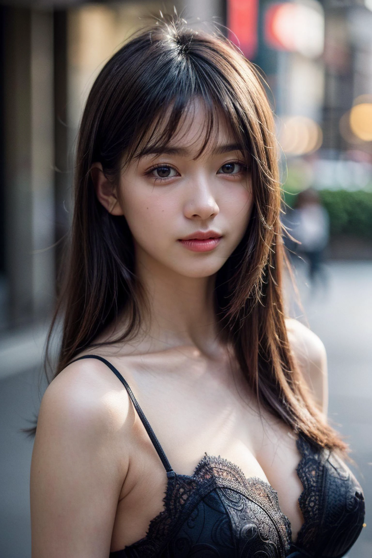 (masterpiece, best quality, hires, high resolution:1.2), (extremely detailed, intricate details, highres), (medium close-up:1.2) portrait on a (Tokyo street sunny background:1.2), (medium shot:1.2), (face focus:1.1), (soft focus:1.2), low lighting, (out of focus:1.2), bokeh, f1.4, 40mm, photorealistic, raw, 8k, ((textured skin:1.1, realistic skin:1.1)), intricate details, 1girl, (ultra sharp image), black hair, perma straight hair style, very beautiful girl, <lora:add_detail:1.2>, <lora:FilmVelvia3:0.35>,