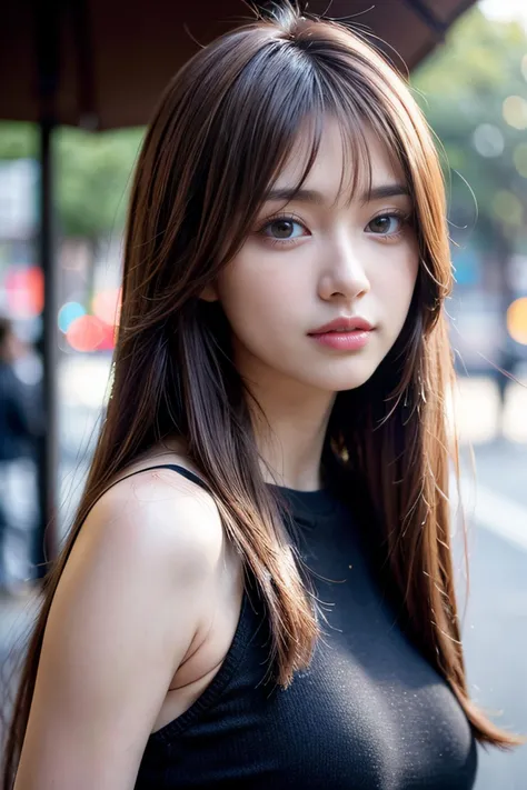 Hires, sunlight, backlight, ((Cinematic Light, Ray tracing)), (masterpiece),((ultra-detailed)), (highly detailed CG illustration), (best quality:1.2),(1girl:1.2),High quality texture, intricate details, detailed texture, High quality shadow, a realistic representation of the face, Detailed beautiful delicate face, Detailed beautiful delicate eyes, brown eye pupil, a face of perfect proportion, Depth of field, perspective,20s, glossy lips, perfect body, medium breast, distinct_image, solo focus, (brown hair), (((perma straight hair style))), (finely detailed beautiful eyes and detailed face), light source contrast, ((medium hair)), Tokyo street background,  Scandinavian style, minimalistic clothing,