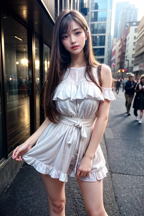 Hires, sunlight, backlight, ((Cinematic Light, Ray tracing)), (masterpiece),((ultra-detailed)), (highly detailed CG illustration), (best quality:1.3),(1girl:1.2),High quality texture, intricate details, detailed texture, High quality shadow, a realistic representation of the face, Detailed beautiful delicate face, Detailed beautiful delicate eyes, brown eye pupil, a face of perfect proportion, Depth of field, perspective,20s, glossy lips, perfect body, medium breast, distinct_image, solo focus, (brown hair), (((perma straight hair style))), (finely detailed beautiful eyes and detailed face), light source contrast, ((medium hair)), 21 years old, at night, standing, global adventures, cultural experiences, breathtaking destinations, local customs, immersive travel, sightseeing, ultra sharp image, idol style, cute clothing, bright colors, playful patterns, ruffled skirts, knee-high socks, kawaii accessories, youthful designs