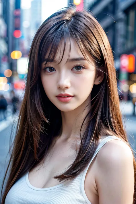 Hires, sunlight, backlight, ((Cinematic Light, Ray tracing)), (masterpiece),((ultra-detailed)), (highly detailed CG illustration), (best quality:1.2),(1girl:1.2),High quality texture, intricate details, detailed texture, High quality shadow, a realistic representation of the face, Detailed beautiful delicate face, Detailed beautiful delicate eyes, brown eye pupil, a face of perfect proportion, Depth of field, perspective,20s, glossy lips, perfect body, medium breast, distinct_image, solo focus, (brown hair), (((perma straight hair style))), (finely detailed beautiful eyes and detailed face), light source contrast, ((medium hair)), Tokyo street background, Scandinavian style, minimalistic clothing,