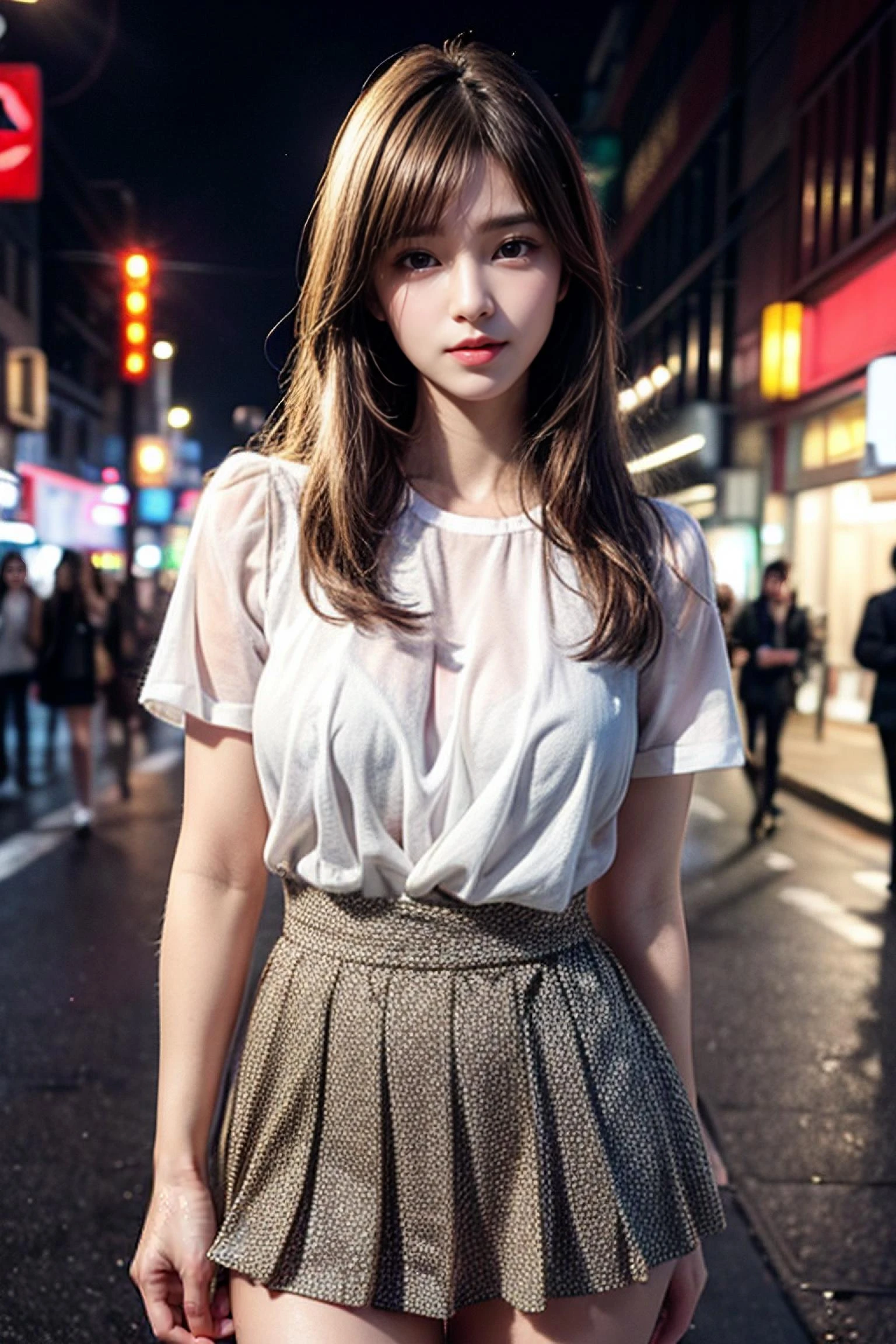 Hires, sunlight, backlight, ((Cinematic Light, Ray tracing)), (masterpiece),((ultra-detailed)), (highly detailed CG illustration), (best quality:1.2),(1girl:1.2),High quality texture, intricate details, detailed texture, High quality shadow, a realistic representation of the face, Detailed beautiful delicate face, Detailed beautiful delicate eyes, brown eye pupil, a face of perfect proportion, Depth of field, perspective,20s, glossy lips, perfect body, medium breast, distinct_image, solo focus, (brown hair), (((perma straight hair style))), (finely detailed beautiful eyes and detailed face), light source contrast, ((medium hair)), 21 years old, Tokyo street background, at night, idol style, cute clothing, bright colors, playful patterns, ruffled skirts, kawaii accessories, youthful designs, medium breasts, white socks, standing,
