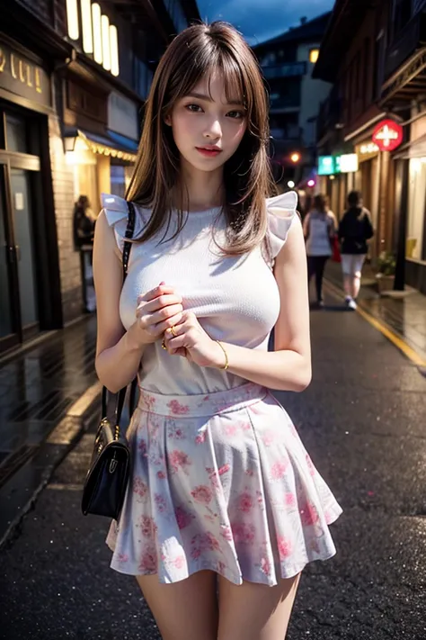 Hires, sunlight, backlight, ((Cinematic Light, Ray tracing)), (masterpiece),((ultra-detailed)), (highly detailed CG illustration), (best quality:1.3),(1girl:1.2),High quality texture, intricate details, detailed texture, High quality shadow, a realistic representation of the face, Detailed beautiful delicate face, Detailed beautiful delicate eyes, brown eye pupil, a face of perfect proportion, Depth of field, perspective,20s, glossy lips, perfect body, medium breast, distinct_image, solo focus, (brown hair), (((perma straight hair style))), (finely detailed beautiful eyes and detailed face), light source contrast, ((medium hair)), 21 years old, at night, standing, global adventures, cultural experiences, breathtaking destinations, local customs, immersive travel, sightseeing, ultra sharp image, idol style, cute clothing, bright colors, playful patterns, ruffled skirts, knee-high socks, kawaii accessories, youthful designs
