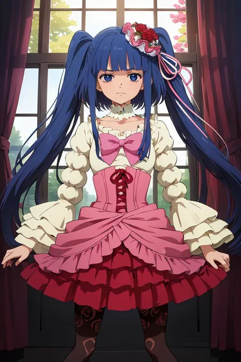 (masterpiece, best quality), 1girl,   <lora:furudo_erika_v1:1> aaerika, long hair, twintails, hair ornament, choker, pink bow, frilled dress, layered dress, pantyhose