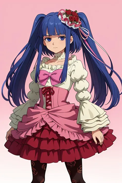 (masterpiece, best quality), 1girl,   <lora:furudo_erika_v1:1> aaerika, long hair, twintails, hair ornament, choker, pink bow, frilled dress, layered dress, pantyhose