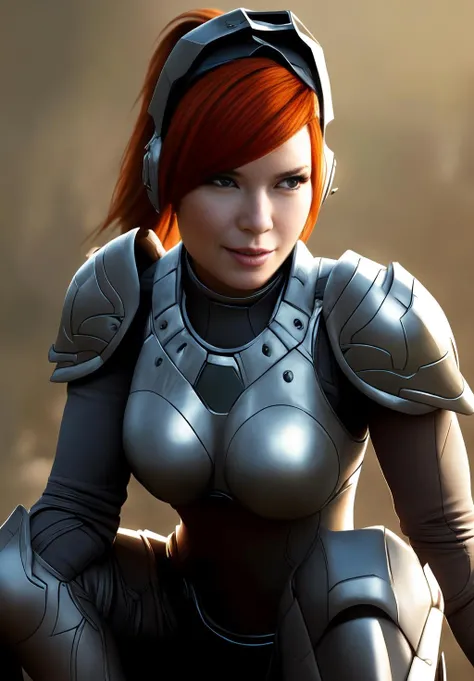 <lora:Sarah_Kerriganv2:0.8>, Sarah_Kerrigan, 1girl, solo, smirk, realistic, headgear, armor, upper body, covered navel, ((beautiful, masterpiece, best quality,perfect lighting,)) one knee,