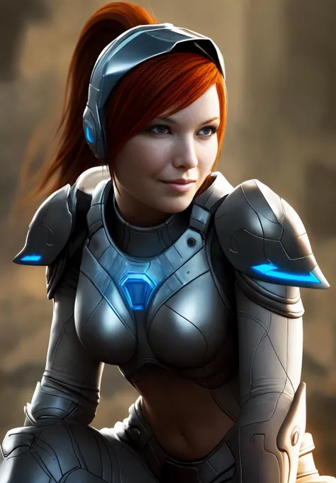 <lora:Sarah_Kerriganv2:0.8>, Sarah_Kerrigan, 1girl, solo, smirk, realistic, headgear, armor, upper body, covered navel, ((beautiful, masterpiece, best quality,perfect lighting,)) one knee,