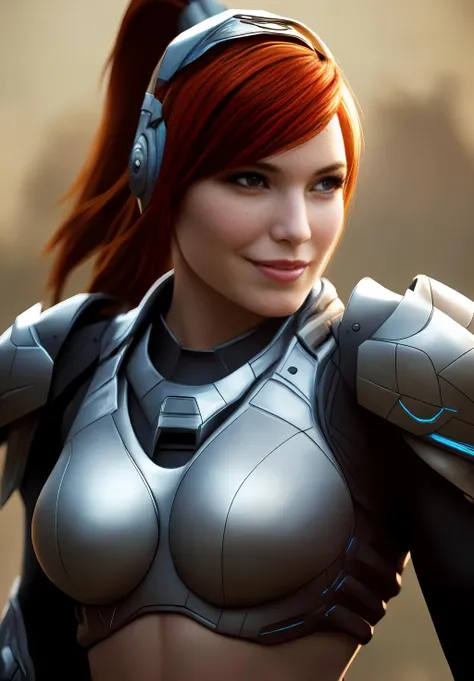 <lora:Sarah_Kerriganv2:0.8>, Sarah_Kerrigan, 1girl, solo, smirk, realistic, headgear, armor, upper body, covered navel, ((beautiful, masterpiece, best quality,perfect lighting,))