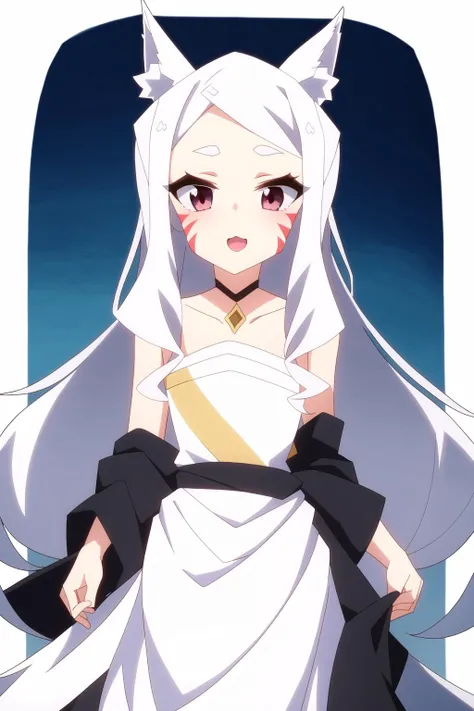 1girl, animal ears, white hair, long hair, shiro, intricate details, facial mark, white dress, ribbon, fox tail