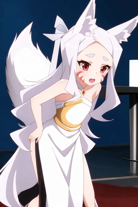 1girl, animal ears, white hair, long hair, shiro, intricate details, facial mark, white dress, ribbon, fox tail