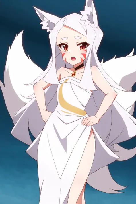 1girl, animal ears, white hair, long hair, shiro, intricate details, facial mark, white dress, ribbon, fox tail