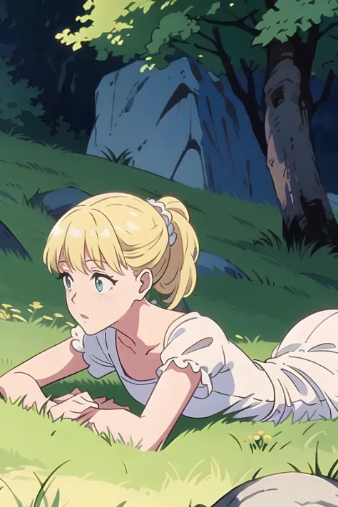 1girl, teresa, blonde hair, ponytail, dress, white dress, grass, outdoors, short sleeves, day, rocks, lies on the stomach, lies on grass, detailed, best quality, <lora:Teresa:0.7>, <lora:GoodHands-vanilla:1>