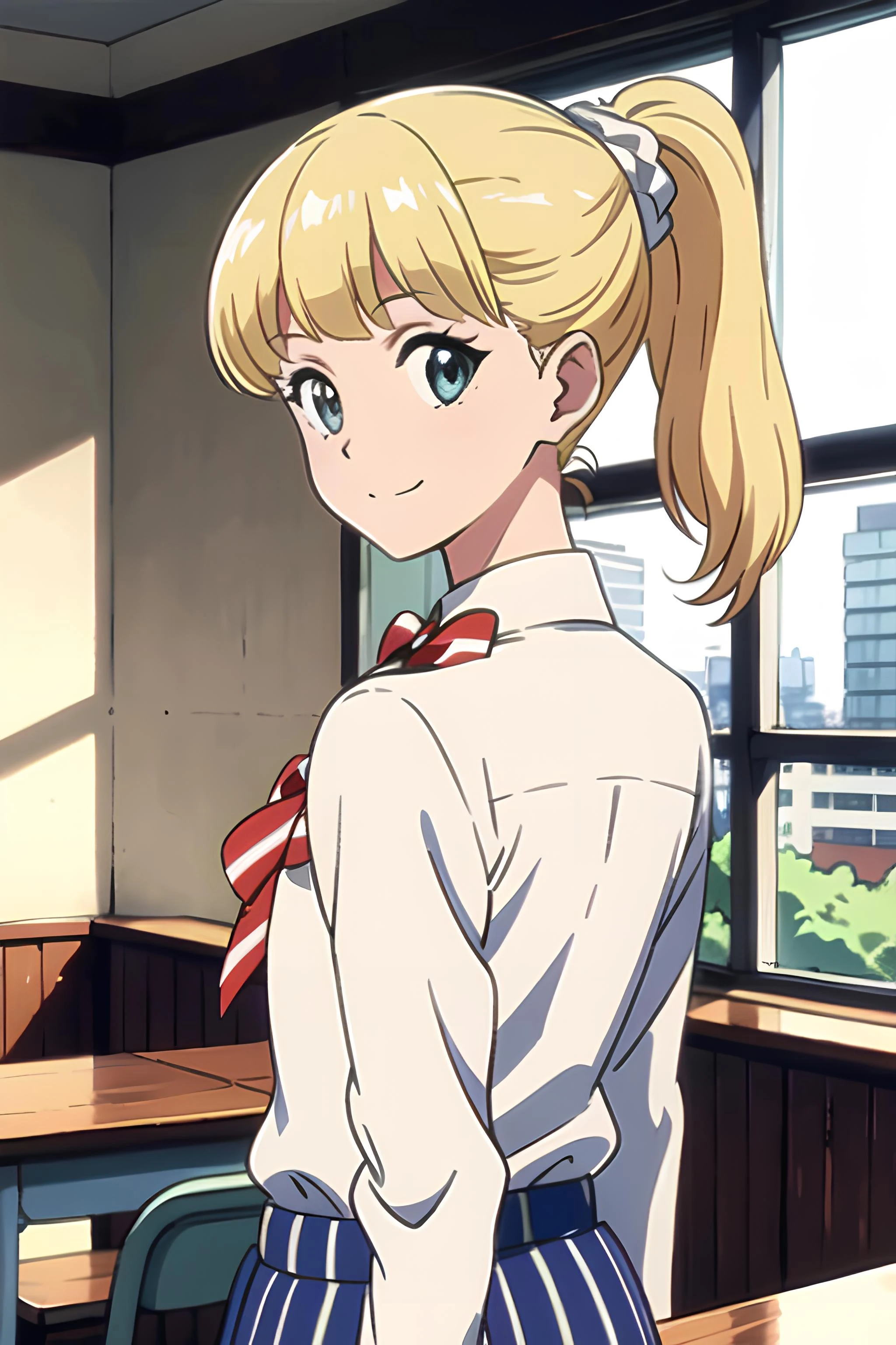 1girl, teresa, blonde hair, ponytail, smile, bow, school uniform, looking at viewer, looking back, upper body,, bowtie, striped bow, striped, red bowy, indoors, classroom, white shirt, standing, desk, <lora:Teresa:0.7>, <lora:GoodHands-vanilla:1>