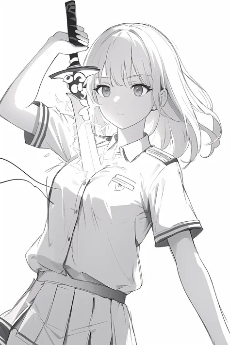 (best quality, masterpiece, highres),1girl,solo,(sketch:1.2),summer_uniform,monochrome,dynamic_angle,
<lora:draw sword from chest_v1.06:1>,draw sword,electricity,from chest,hand up,