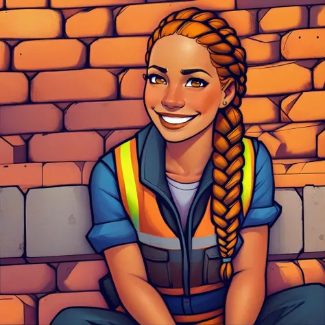 westernvisualnovel style woman, freckles, yellow eyes, long brown dutch braid, smiling, sitting on ledge, construction worker, dark orange vest, brick and mortar wall, construction site, scaffolding, vibrant colors, dusk, <lora:westernvisualnovel style e12:0.8>