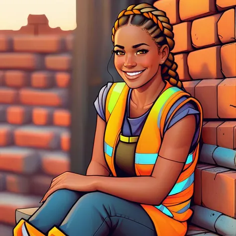 westernvisualnovel style woman, freckles, yellow eyes, long brown dutch braid, smiling, sitting on ledge, construction worker, dark orange vest, brick and mortar wall, construction site, scaffolding, vibrant colors, dusk, <lora:westernvisualnovel style e12:0.8>