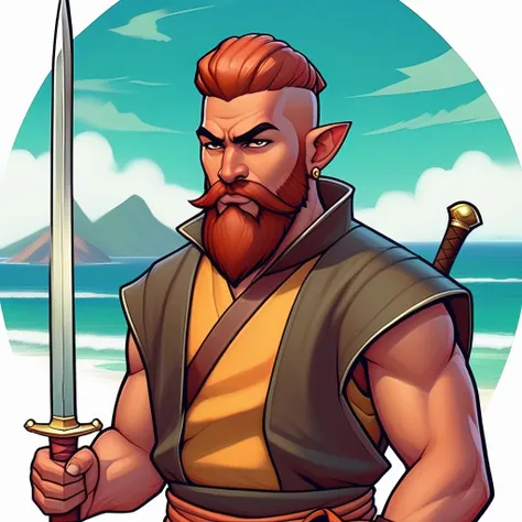 <lora:wab style 1.10 nightvision select scene caption- no trigger- flip aug-000012:0.8> westernvisualnovel style, Monk indian male Skinny body Mahogany hair Undercut hair mutton chops beard Copper eye color fantasy setting holding Sword in background The Island of Dreams: A place where all your deepest desires come true