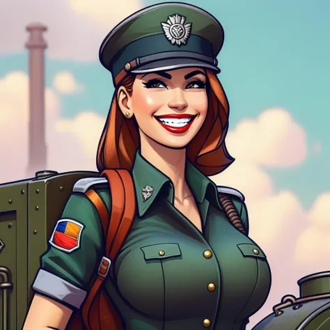 <lora:westernvisualnovel style e12:0.8> westernvisualnovel style, beautiful smiling woman  posing as a world war 2 diesel punk army officer