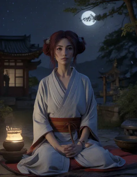 Vasiliki from Greece, medium (chin-length:1.2) wild [burgundy:.4] hair, japanese temple protected by a kitsune at night with moonlight, Octane Render, Trending on Artstation, full HD, realistic, picnic, blanket spread, food and drinks, outdoor setting