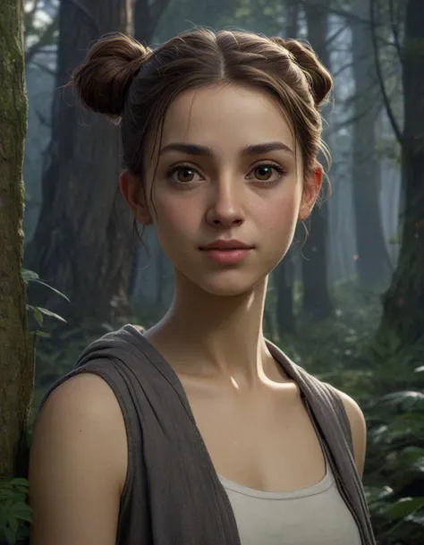 Haya from Syria, short pigtails [honey-brown:.3] hair, minds magic movie poster, realistic, modern, intricate, elegant, highly detailed, digital painting, artstation, concept art,, smooth, sharp focus, illustration, enchanted forest, dense trees, magical creatures, ancient ruins, dappled sunlight