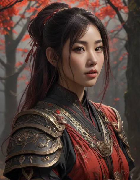 Aoife from Ireland, medium (shoulder-length:1.2) straight [auburn:coral:.3] hair, portrait han so hee korean actress, wearings black and red samurai armor, in temple firefly sparkles night, ssci - fi and fantasy, intricate and very very beautiful and elegant, highly detailed, digital painting, artstation, concept art, smooth and sharp focus, illustration, art by tian zi and wlop and alphonse mucha, serenity glade, tranquil grove, healing energies, haven of inner peace