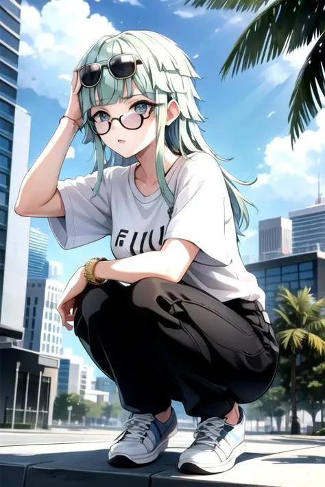 <lora:Selena-03:0.7>, selenalewis, shirt, jewelry, full body, white shirt, short sleeves, sidelocks, outdoors, sky, shoes, day, pants, cloud, blunt bangs, bracelet, tree, blue sky, black pants, squatting, sunglasses, white footwear, cloudy sky, t-shirt, building, sneakers, eyewear on head, city, palm tree, looking afar, skyscraper, shading eyes