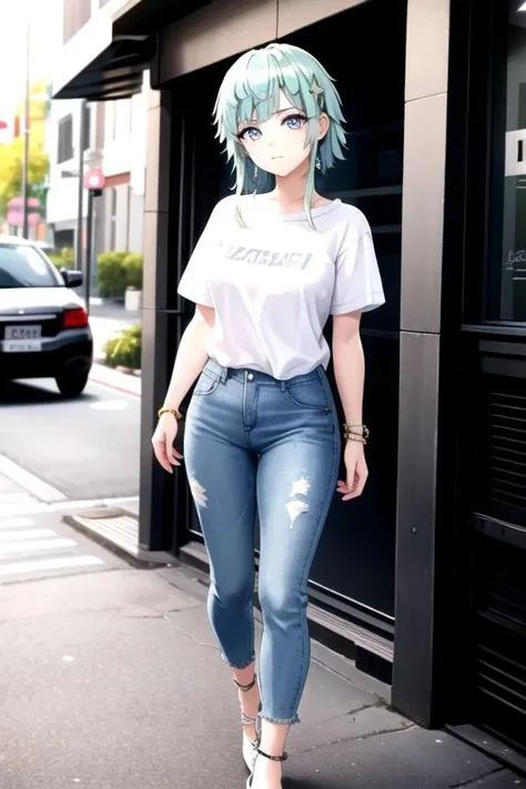 <lora:Selena-03:0.7>, selenalewis, looking at viewer, shirt, jewelry, closed mouth, standing, full body, white shirt, short sleeves, sidelocks, hairclip, pants, high heels, bracelet, white footwear, denim, casual, t-shirt, hair flaps, jeans, blue pants