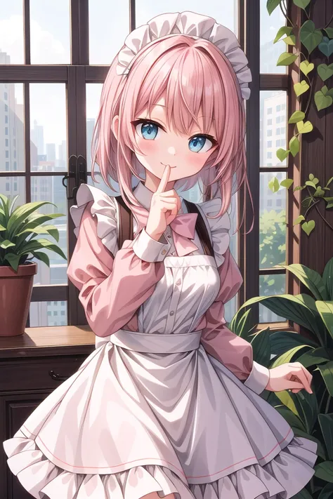 insanely detailed, absurdres, ultra-highres, ultra-detailed, best quality,
1girl, solo, nice hands, perfect hands,
BREAK
apron, blush, bow, bowtie, frilled apron, frills, long sleeves, maid, maid apron, maid headdress, waist apron, white apron
BREAK
smile, closed mouth
BREAK
finger to mouth, index finger raised, shushing, cowboy shot, looking at viewer,
BREAK
slender, kawaii, perfect symmetrical face, ultra cute girl, ultra cute face, ultra detailed eyes, ultra detailed hair, ultra cute, ultra beautiful,
BREAK
day, flower, ivy, leaf, indoors, open door, plant, potted plant, vines, window,
BREAK
white (pink:1.2) hair, green eyes, long hair, medium breasts, bangs, eyebrows visible through hair,