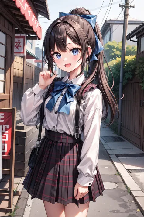 insanely detailed, absurdres, ultra-highres, ultra-detailed, best quality,
1girl, solo, nice hands, perfect hands
BREAK
jirai kei,plaid skirt, shirt, long sleeves, bow, blue skirt, white shoulder frilly shirt, outdoors, blue bow, long hair
, (cleavage:-1.5)
BREAK
happy smile, laugh, open mouth
BREAK
45 angle,
standing, cowboy shot, looking at viewer
BREAK
slender, kawaii, perfect symmetrical face, ultra cute girl, ultra cute face, ultra detailed eyes, ultra detailed hair, ultra cute, ultra beautiful
BREAK
in japanese street, cityscape in japan, depth of field, ultra detailed background
BREAK
large breasts
BREAK
black hair, black eyes, ponytail,