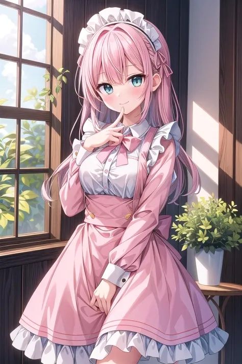 insanely detailed, absurdres, ultra-highres, ultra-detailed, best quality,
1girl, solo, nice hands, perfect hands,
BREAK
apron, blush, bow, bowtie, frilled apron, frills, long sleeves, maid, maid apron, maid headdress, waist apron, white apron
BREAK
smile, closed mouth
BREAK
finger to mouth, index finger raised, shushing, cowboy shot, looking at viewer,
BREAK
slender, kawaii, perfect symmetrical face, ultra cute girl, ultra cute face, ultra detailed eyes, ultra detailed hair, ultra cute, ultra beautiful,
BREAK
day, flower, ivy, leaf, indoors, open door, plant, potted plant, vines, window,
BREAK
white (pink:1.2) hair, green eyes, long hair, medium breasts, bangs, eyebrows visible through hair,