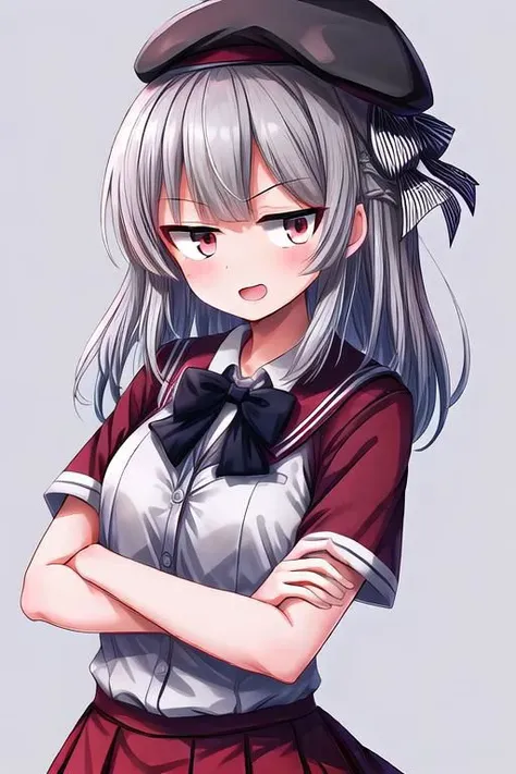 (high quality, high resolution:1.3), 4k, masterpiece, simple background, grey background, BREAK 1girl, solo, red school uniform, black hat, crossed arms, open mouth, smug face, white bow, cowboy shot, upper body,